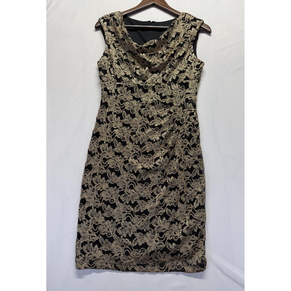 Scarlett Sheath Dress Womens 8 Petite Black Gold Floral Print Cowl Neck Back Zip